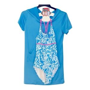 NWT Girls size M 10 Bathing suit set with cover-up one piece blue and pink